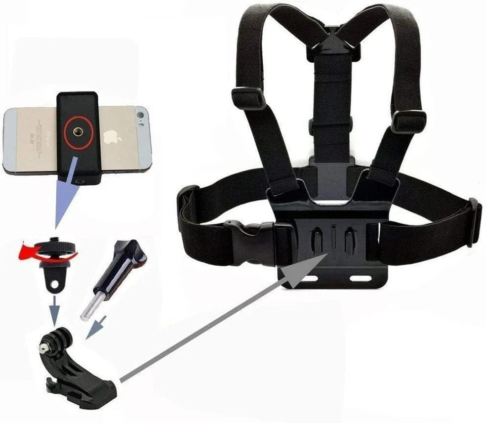 Cellphone Selfie Chest Mount Harness Strap with Cell Phone Clip Black