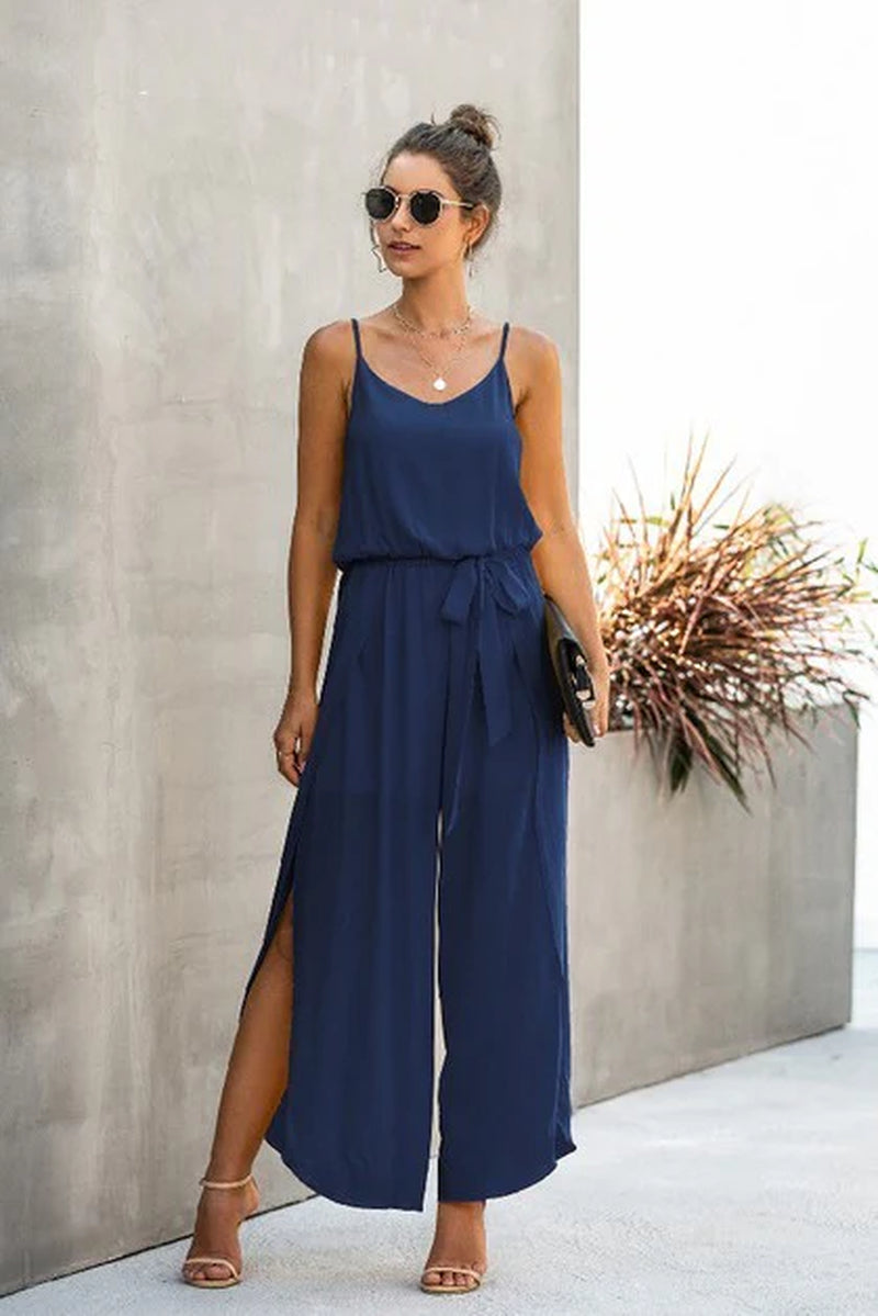 V Neck Suspenders Wide Leg Side Slit Jumpsuit